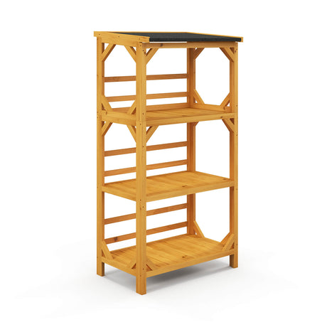 Soporte de madera de 3 niveles para plantas con techo asfáltico resistente a la intemperie para patio - Natural