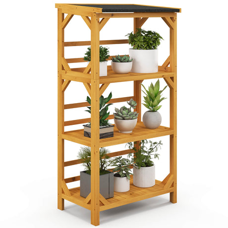 Soporte de madera de 3 niveles para plantas con techo asfáltico resistente a la intemperie para patio - Natural