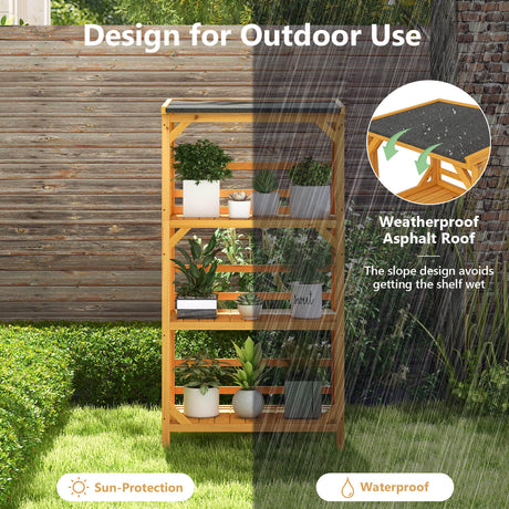 Soporte de madera de 3 niveles para plantas con techo asfáltico resistente a la intemperie para patio - Natural