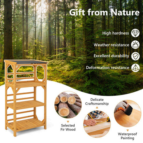 Soporte de madera de 3 niveles para plantas con techo asfáltico resistente a la intemperie para patio - Natural