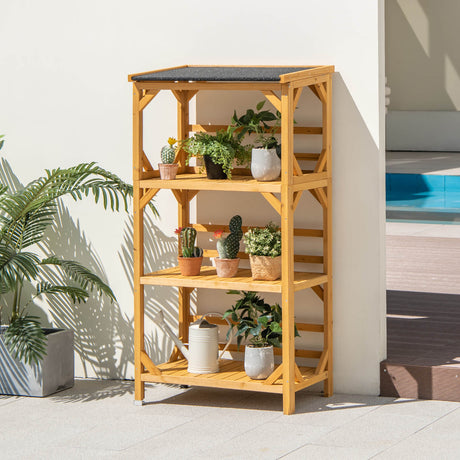 Soporte de madera de 3 niveles para plantas con techo asfáltico resistente a la intemperie para patio - Natural