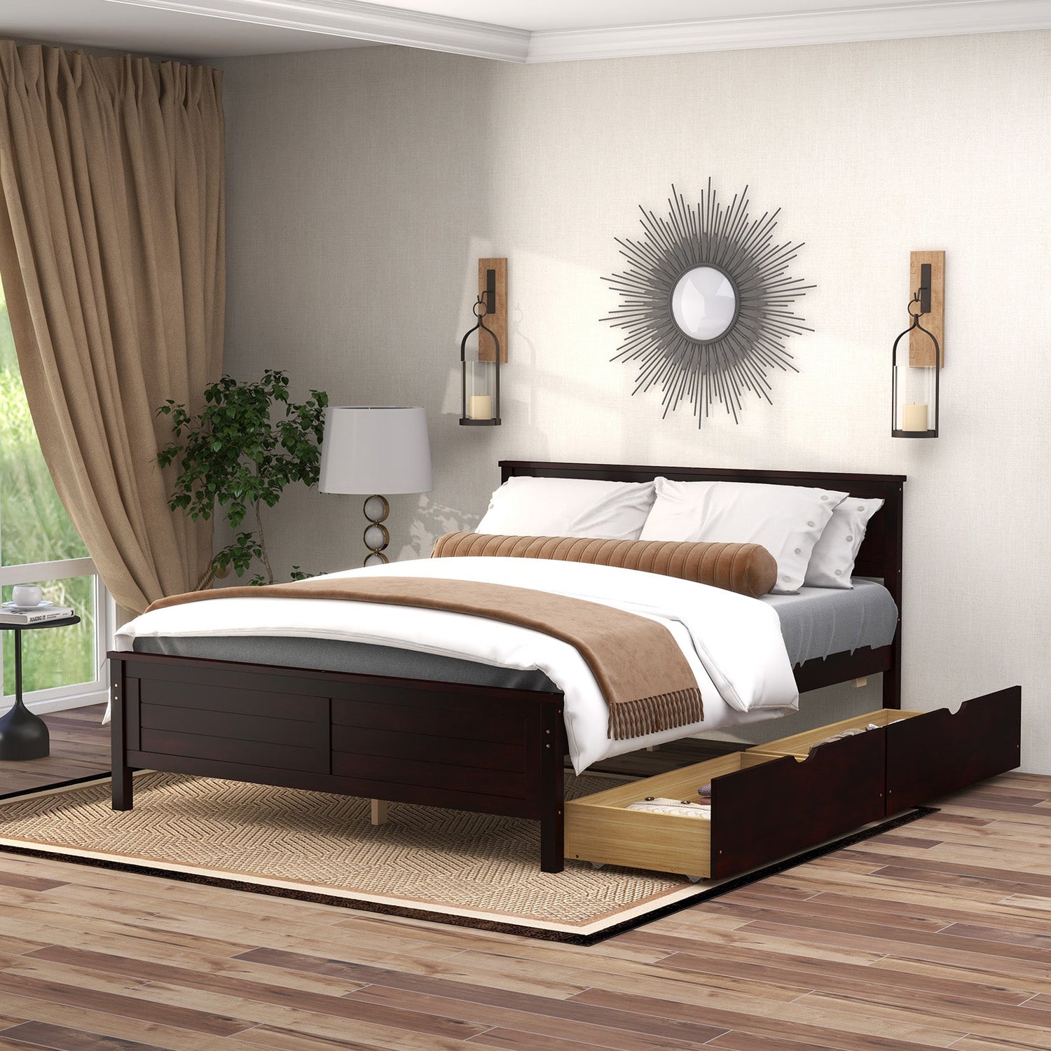 Estructura de cama matrimonial con cajones de almacenamiento y cabecero de madera maciza