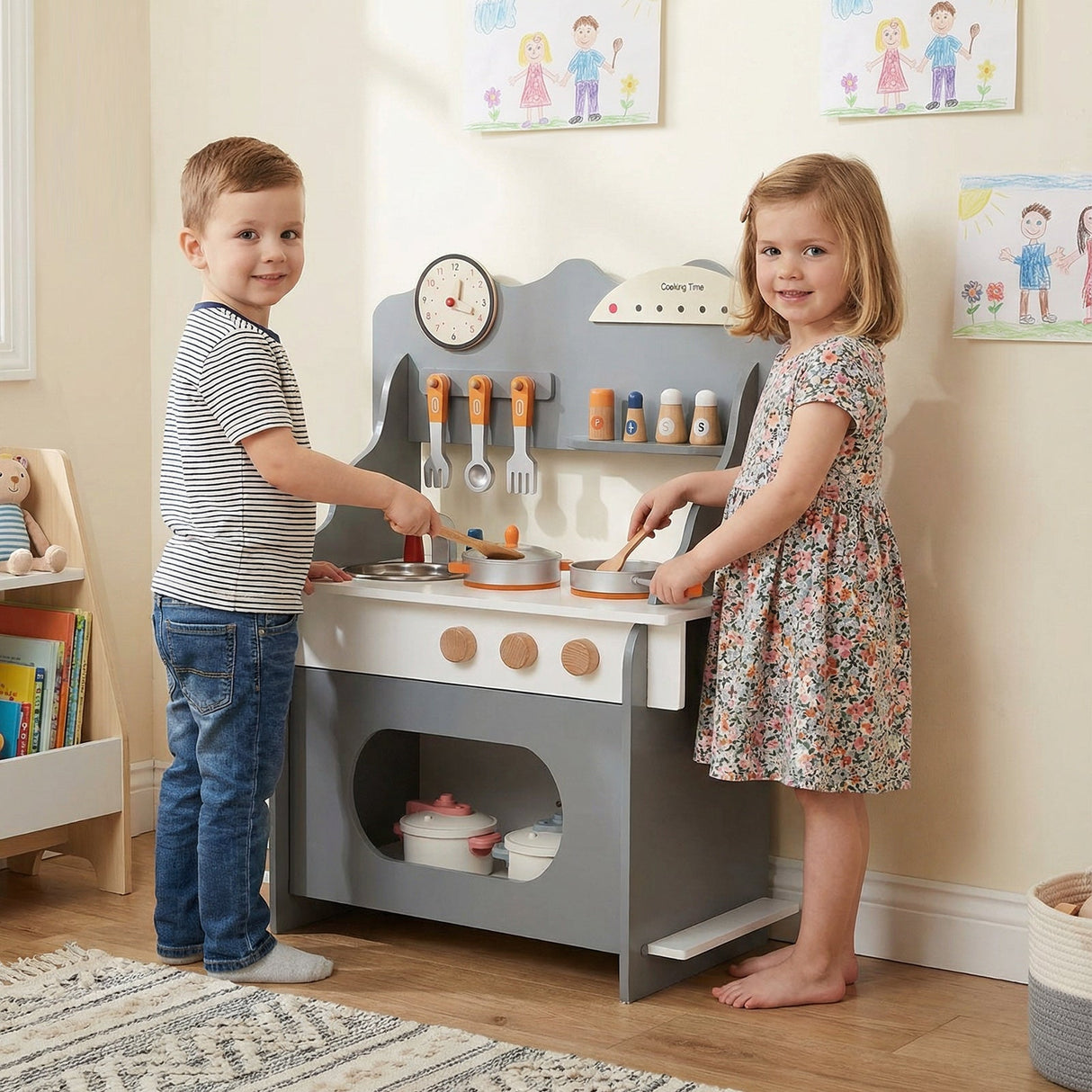 Wooden Play Kitchen for Kids Pretend Play Toy Kitchen Set with Clock Gift for Boys and Girls 3 +Pink