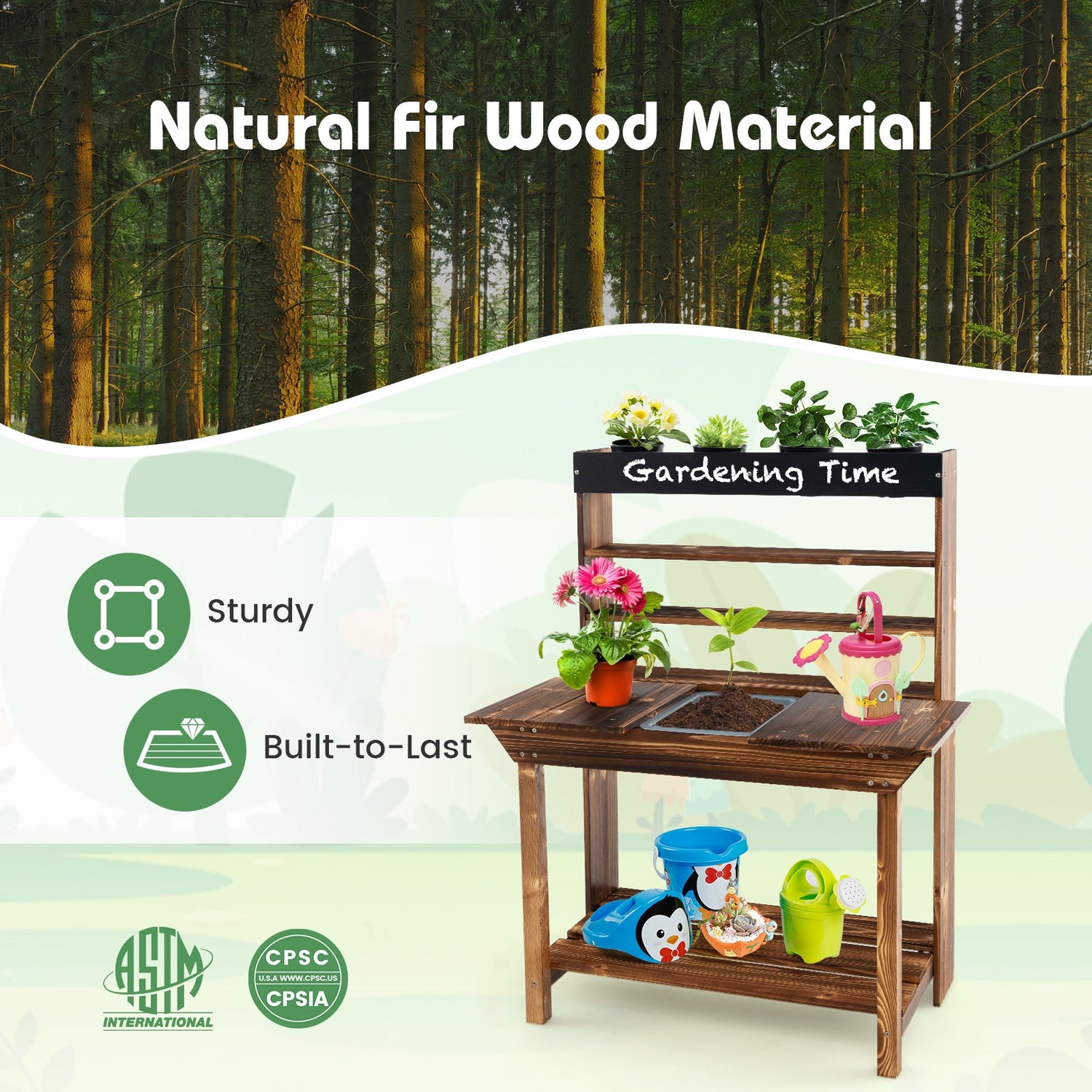 Mesa de trabajo de madera para macetas, cocina de barro para exteriores con estructura de madera maciza de abeto - Natural