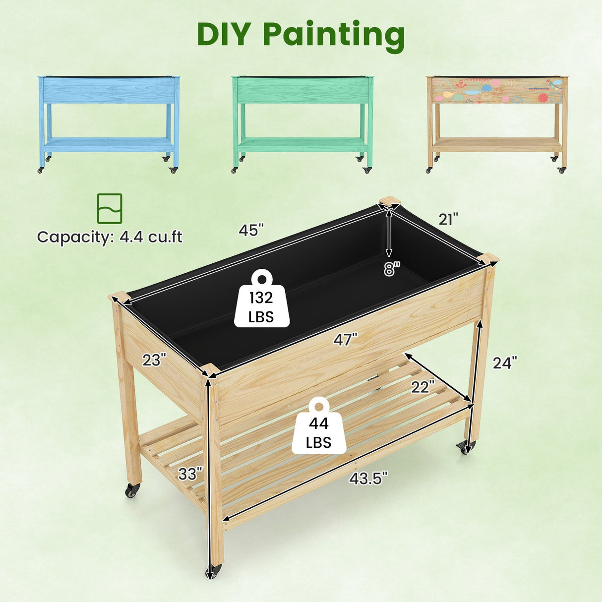 Mesa de cultivo de madera con patas y ruedas bloqueables - Natural