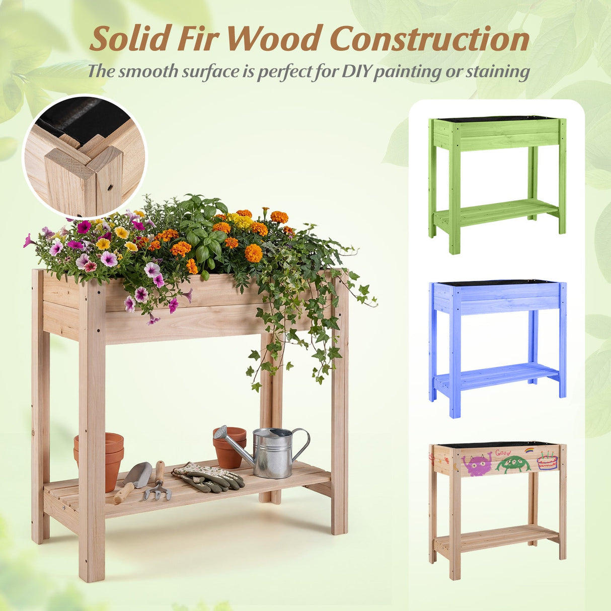 Mesa de Cultivo Elevada de Madera con Patas y Estante de Almacenamiento