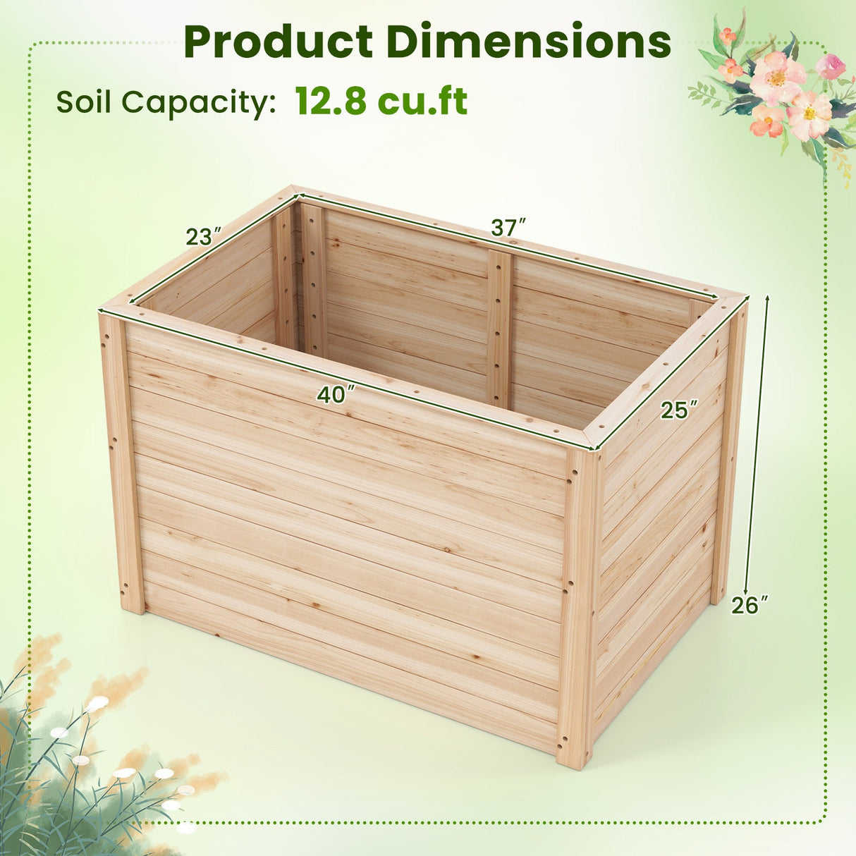 Huerto elevado de madera con base abierta
