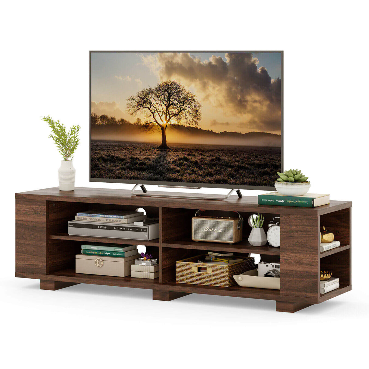 Mueble de TV de madera para almacenamiento de consolas y equipos multimedia de 59 pulgadas - Nogal