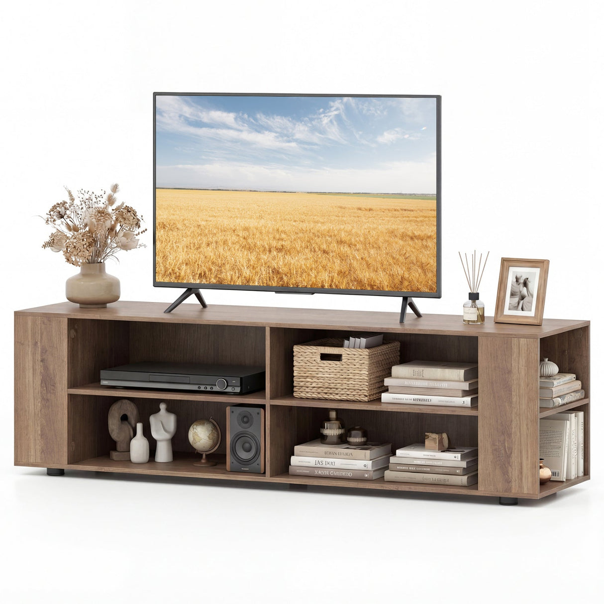 Mueble de TV de madera para almacenamiento de consolas y equipos multimedia de 59 pulgadas - Nogal