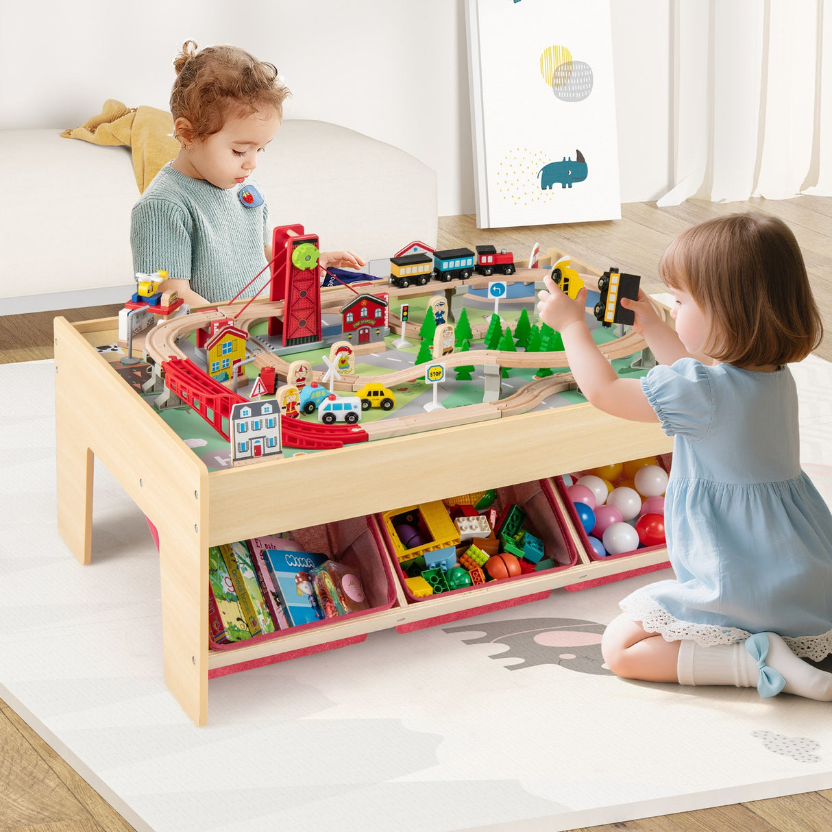 Mesa de tren de madera, mesa de actividades multiusos para niños con 2 tableros reversibles, color rojo