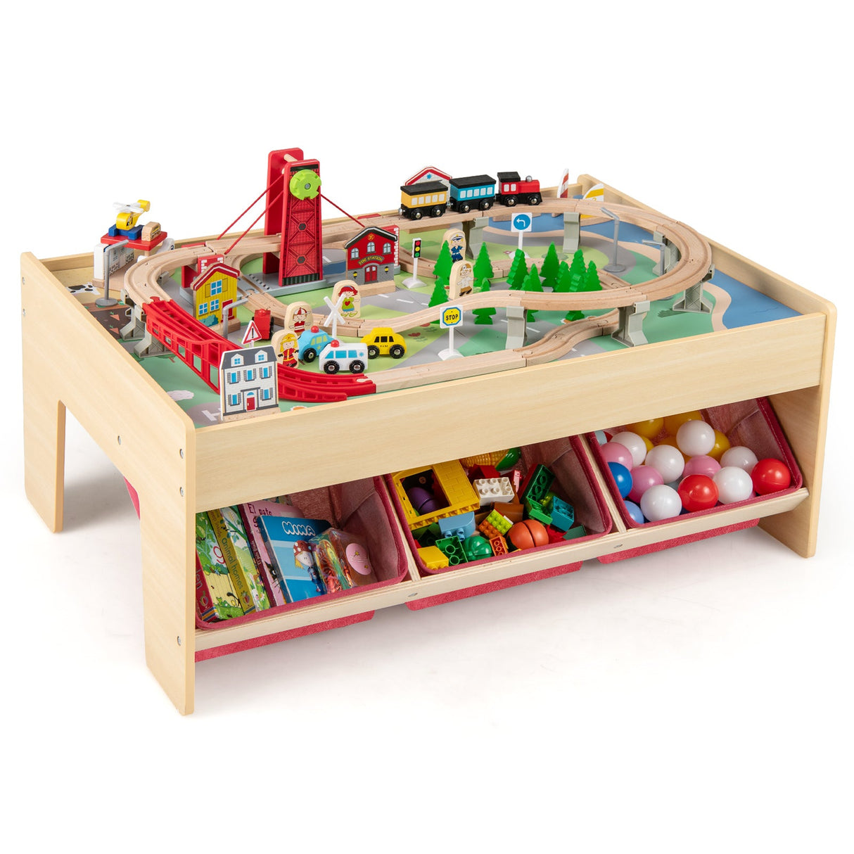 Mesa de tren de madera, mesa de actividades multiusos para niños con 2 tableros reversibles, color rojo