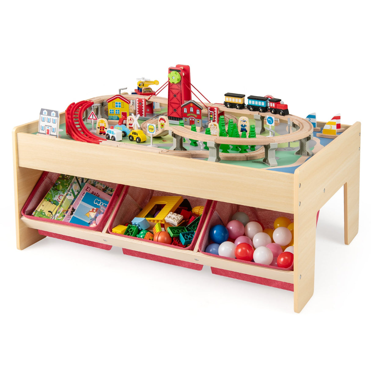 Mesa de tren de madera, mesa de actividades multiusos para niños con 2 tableros reversibles, color rojo