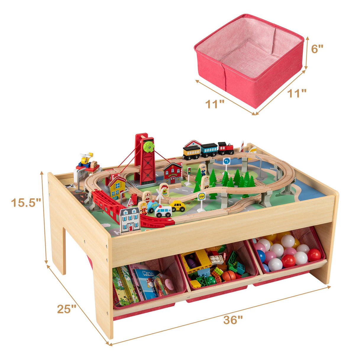 Mesa de tren de madera, mesa de actividades multiusos para niños con 2 tableros reversibles, color rojo