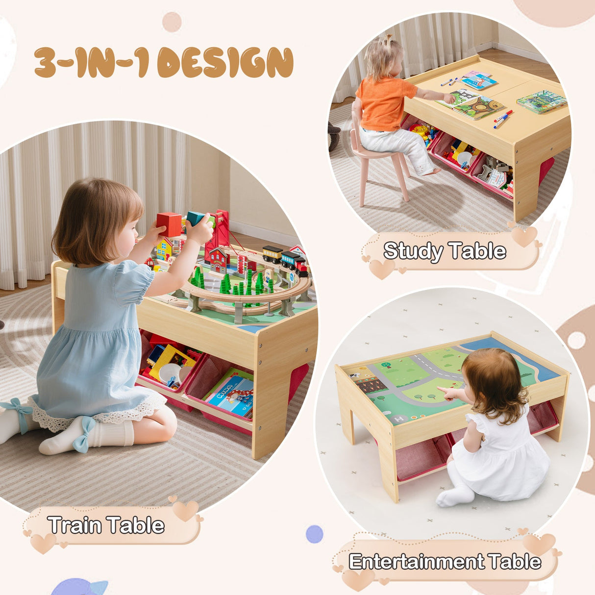 Mesa de tren de madera, mesa de actividades multiusos para niños con 2 tableros reversibles, color rojo