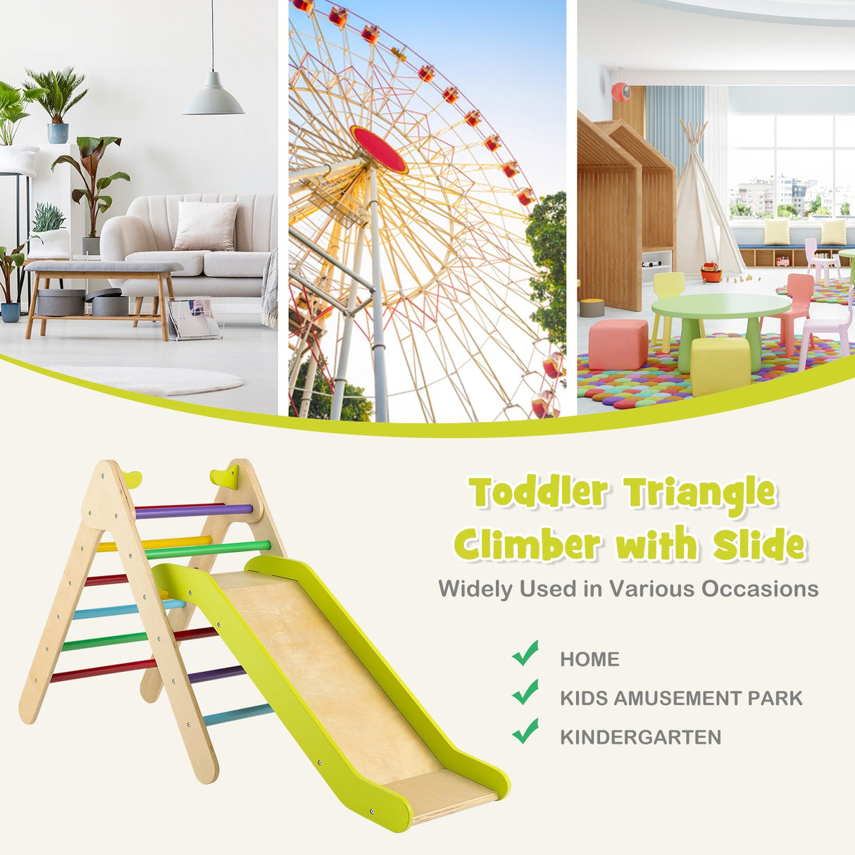 Juego de Escalador Triangular de Madera 2 en 1 con Tobogán Graduable