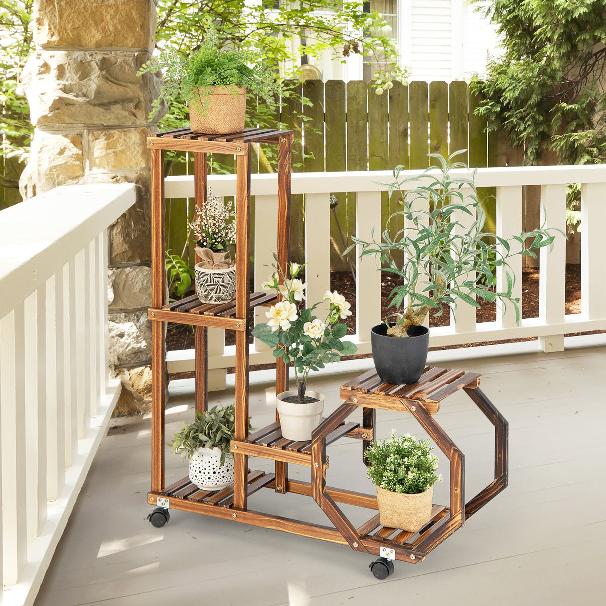 Estantería de madera de 6 niveles con ruedas para plantas - Marrón