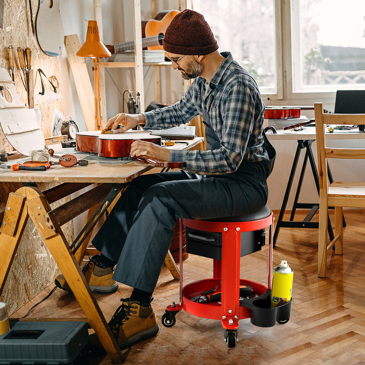 Taburete mecánico rodante con asiento acolchado extraíble y cajones