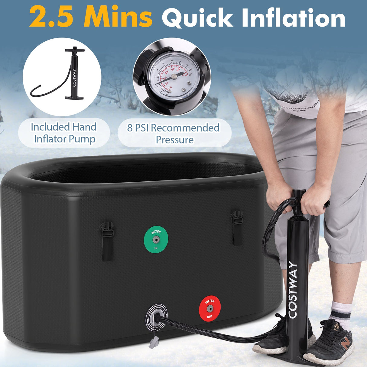 Bañera de hielo XL 129 Gal Oval con tapa y bomba manual para atletas
