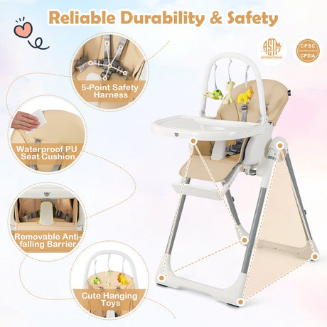 Trona Plegable 4 en 1 para Bebés con 7 Alturas Ajustables y Barra de Juguetes Gratis