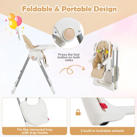 Trona Plegable 4 en 1 para Bebés con 7 Alturas Ajustables y Barra de Juguetes Gratis