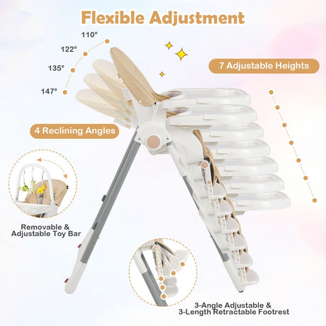 Trona Plegable 4 en 1 para Bebés con 7 Alturas Ajustables y Barra de Juguetes Gratis