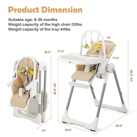 Trona Plegable 4 en 1 para Bebés con 7 Alturas Ajustables y Barra de Juguetes Gratis