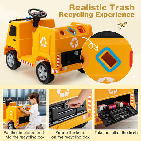 Camión de basura para niños de 12 V con luces de advertencia y 6 accesorios de reciclaje