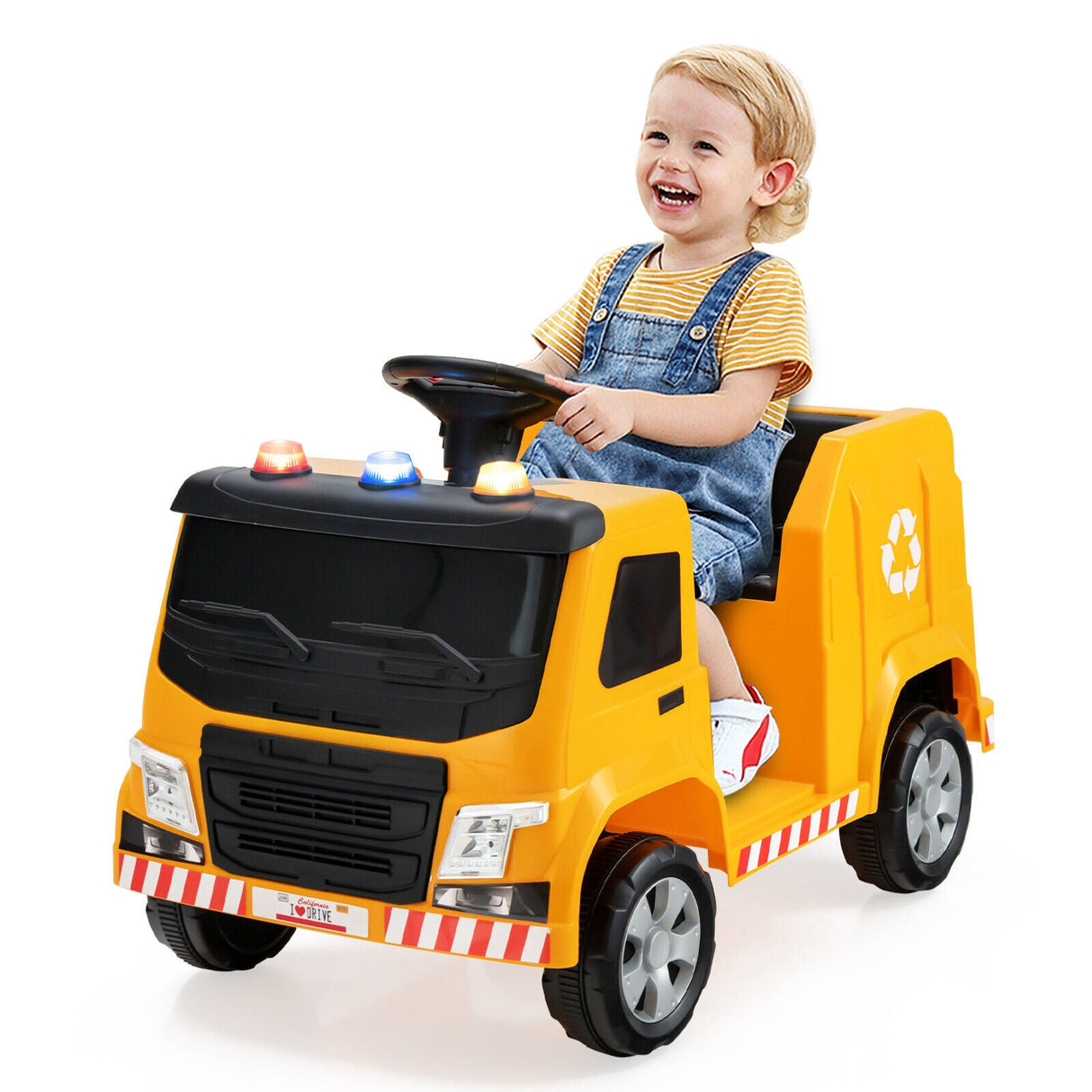 Camión de basura para niños de 12 V con luces de advertencia y 6 accesorios de reciclaje