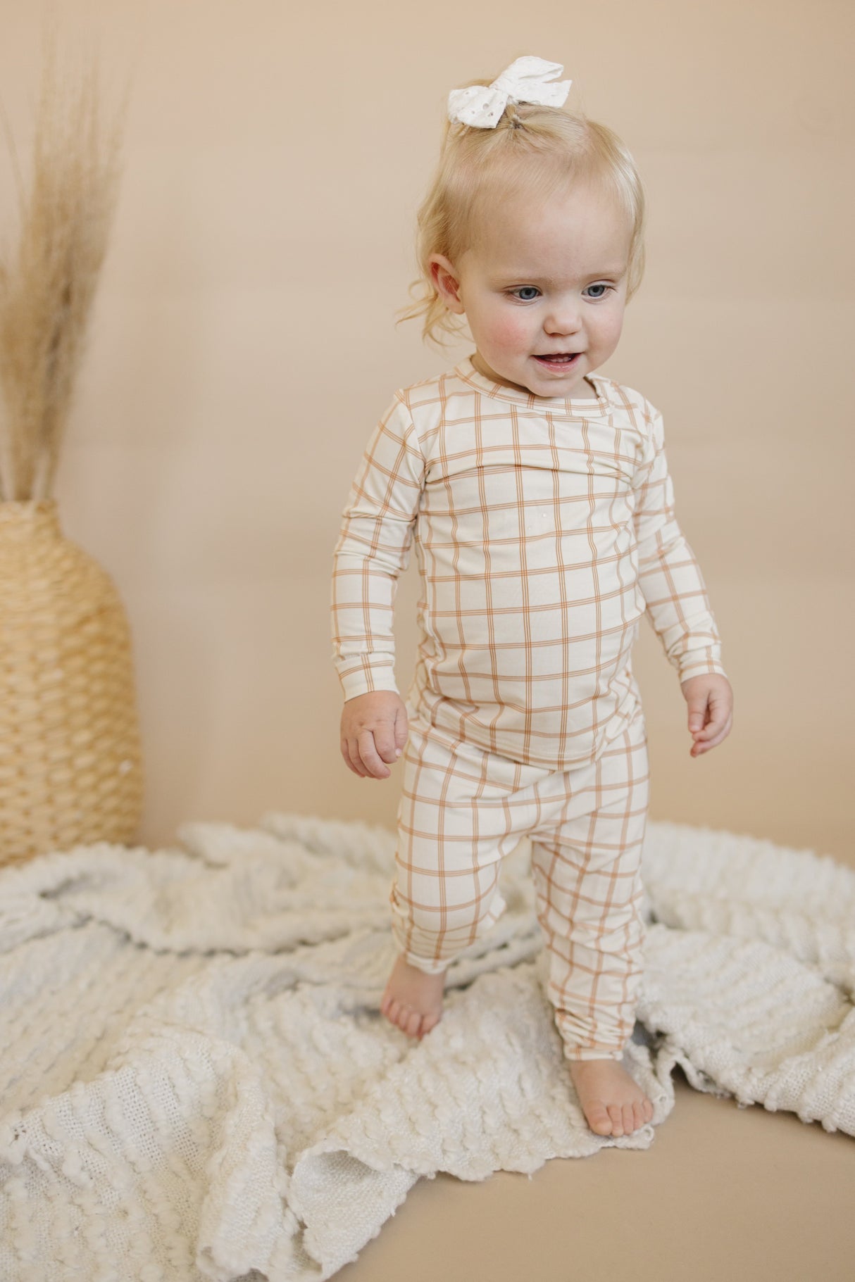 Pijama de bambú de 2 piezas a cuadros naranja quemado