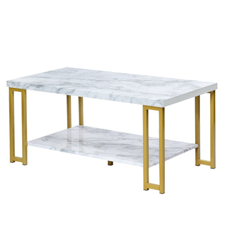 Mesa de centro moderna rectangular de 2 niveles con marco de metal con estampado dorado