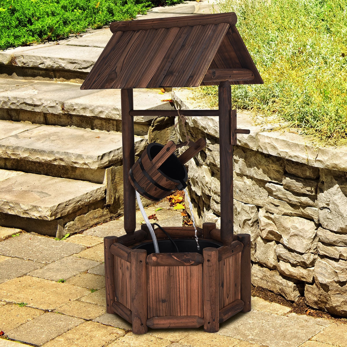 Fuente de agua de madera rústica decorativa para jardín con bomba
