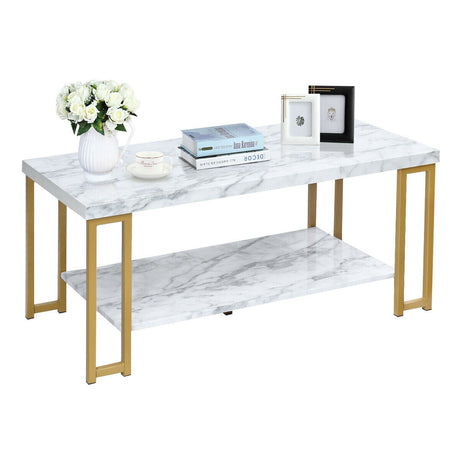 Mesa de centro moderna rectangular de 2 niveles con marco de metal con estampado dorado