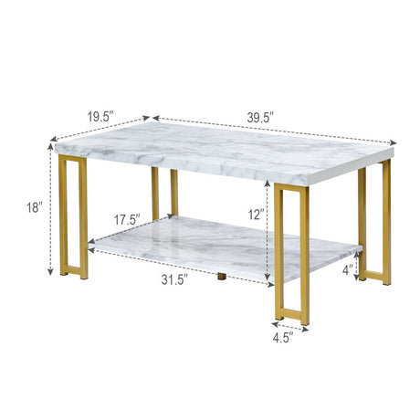 Mesa de centro moderna rectangular de 2 niveles con marco de metal con estampado dorado