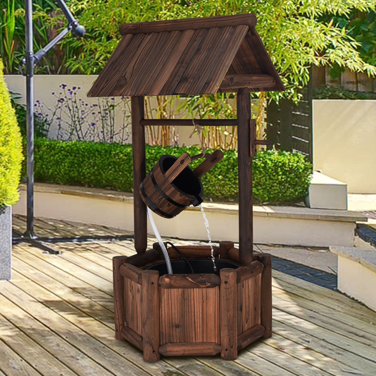 Fuente de agua de madera rústica decorativa para jardín con bomba
