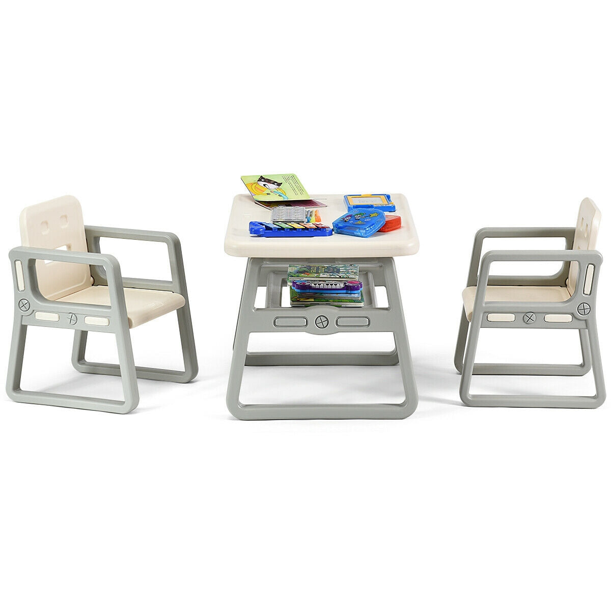 Juego de mesa y 2 sillas para niños con estante de almacenamiento-Blanco