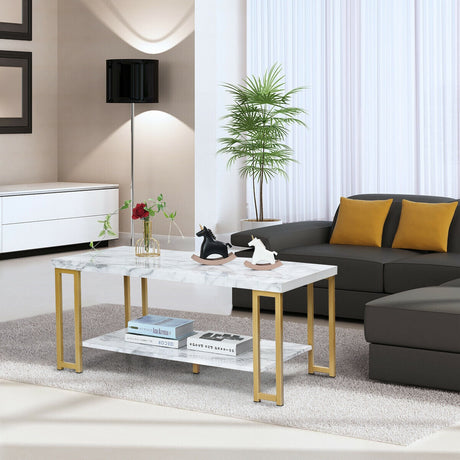 Mesa de centro moderna rectangular de 2 niveles con marco de metal con estampado dorado