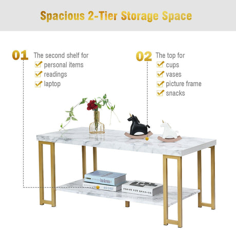 Mesa de centro moderna rectangular de 2 niveles con marco de metal con estampado dorado