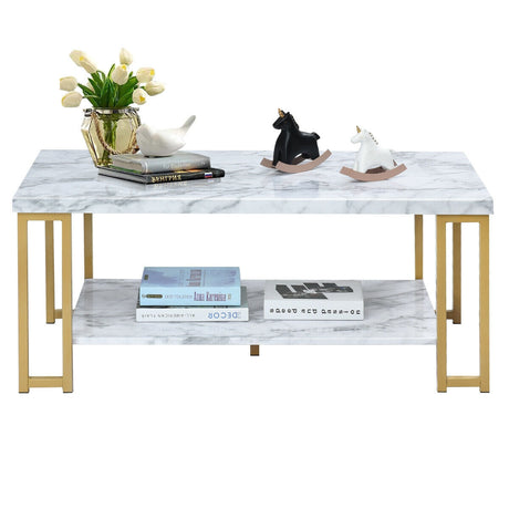 Mesa de centro moderna rectangular de 2 niveles con marco de metal con estampado dorado