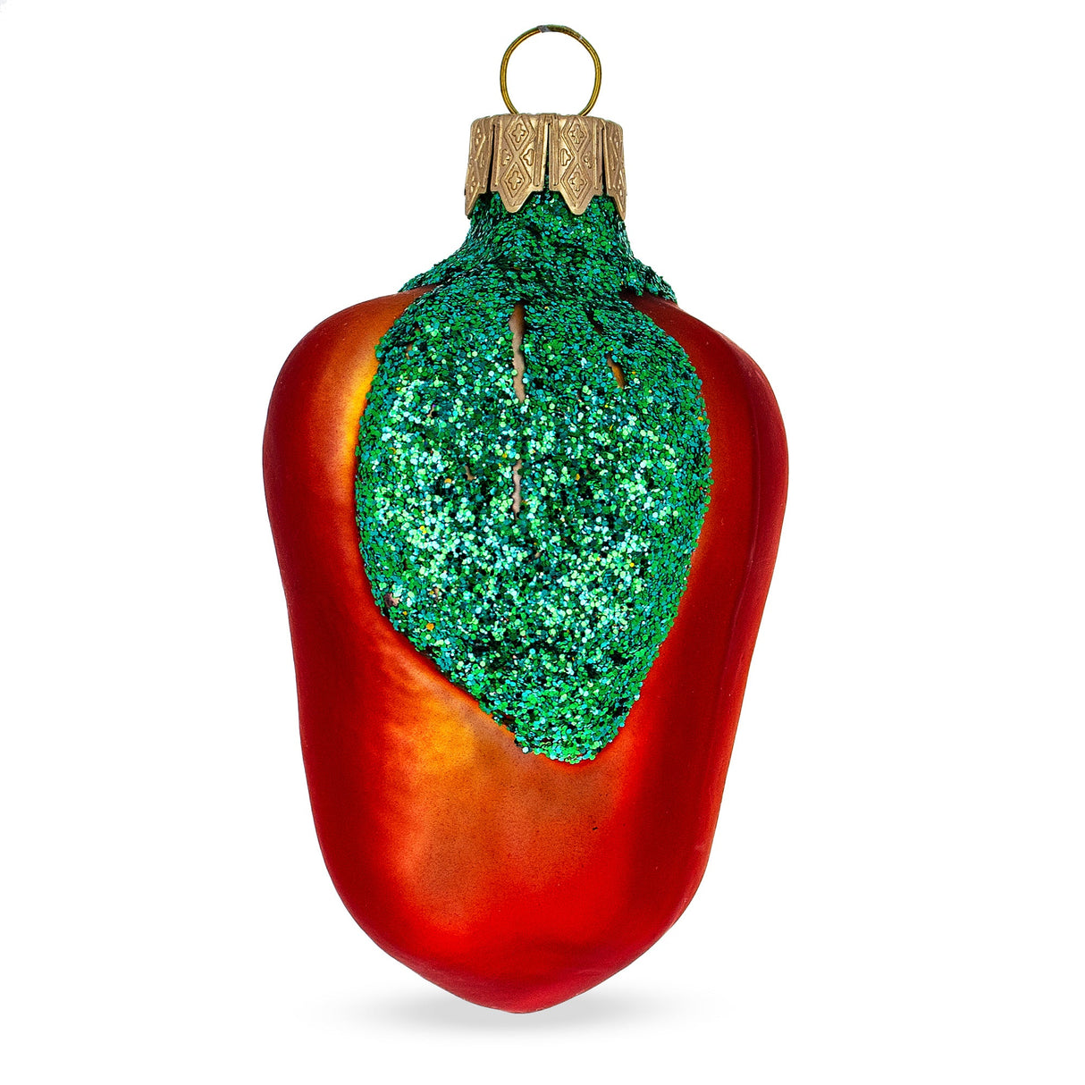 Red Bell Pepper with Green Glitter Stem Glass Christmas Ornament