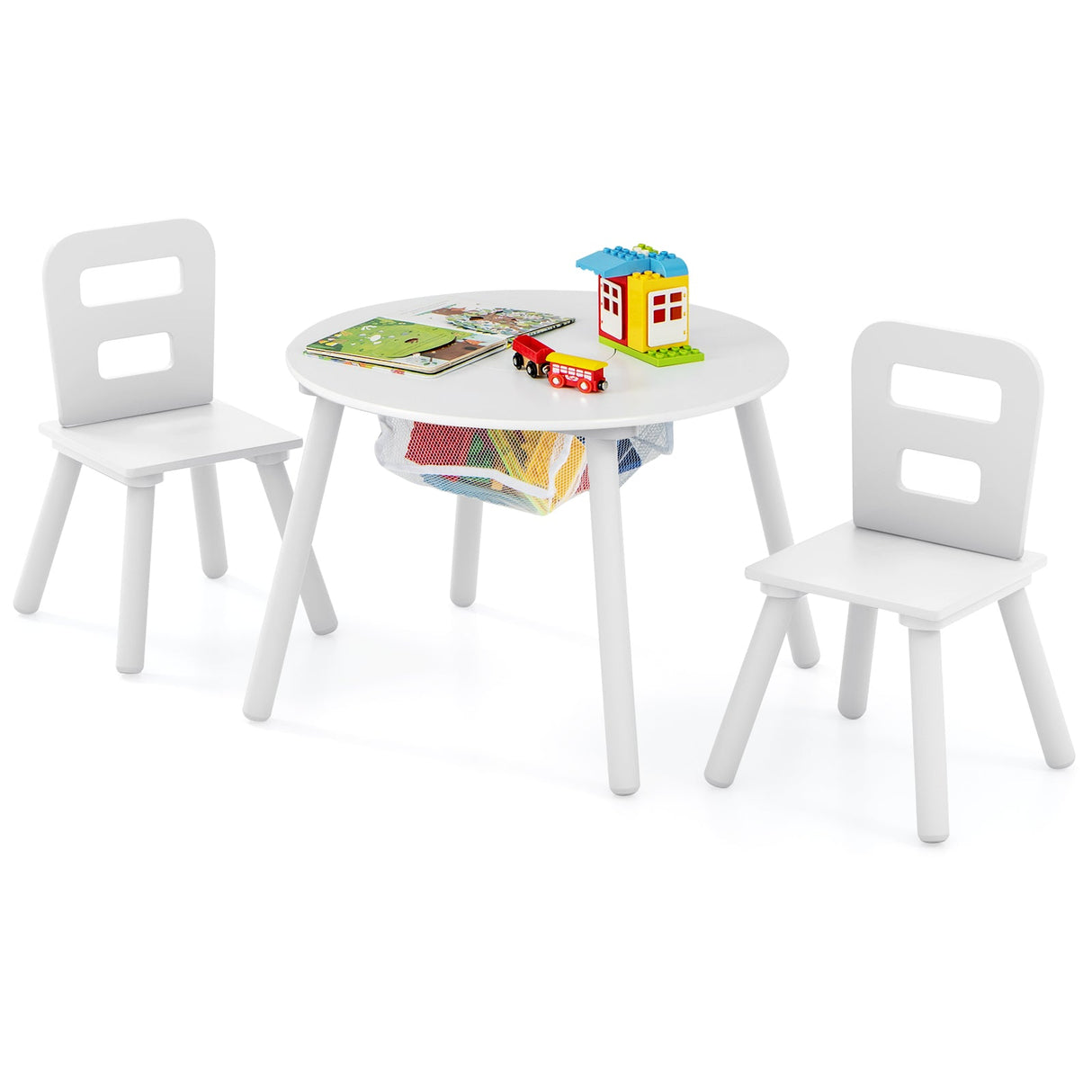 Mesa y sillas de madera para niños con almacenamiento central de malla, color blanco