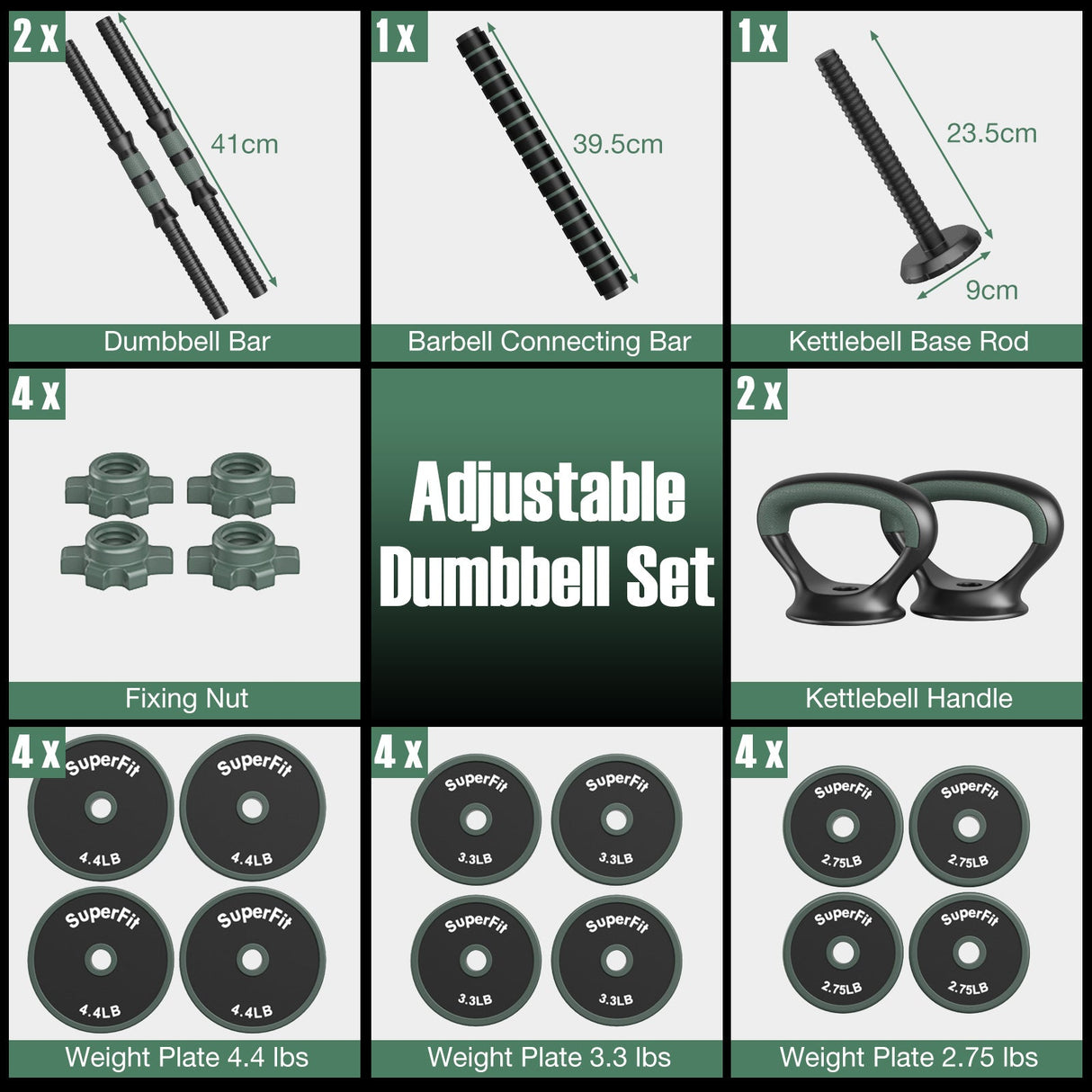 Juego de mancuernas de peso ajustable con conector - Negro y Gris