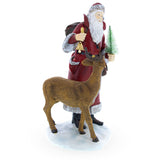 Santa Holding Christmas Tree and Bell by Reindeer Figurine 12 Inches