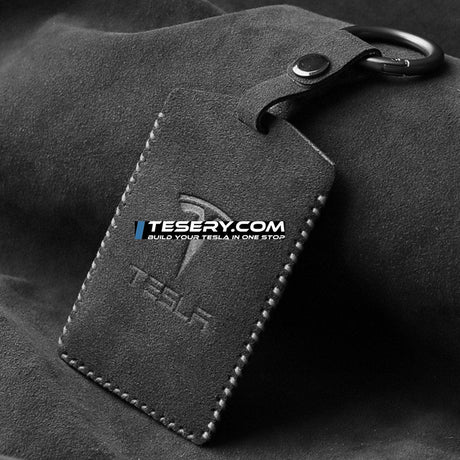 Alcantara Key Card Holder for Model 3/Y | Italian Material | Hook & Keychain | White Stitching