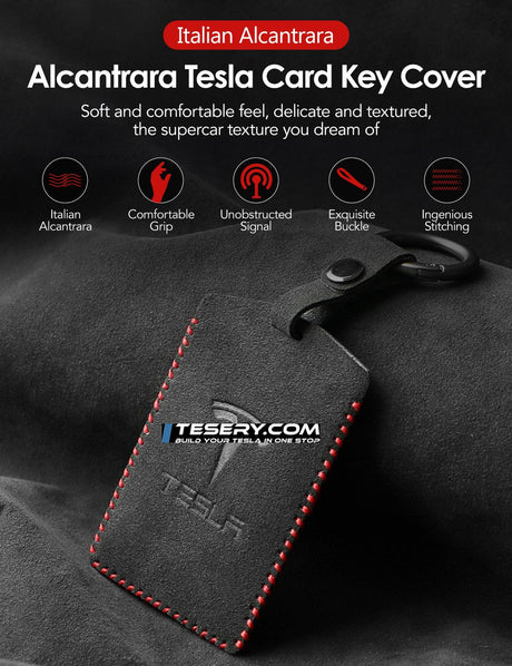 Alcantara Key Card Holder for Model 3/Y | Italian Material | Hook & Keychain | White Stitching