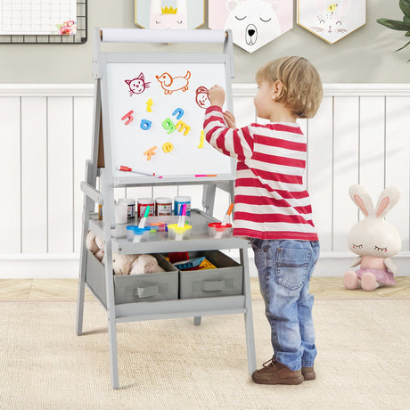Caballete de arte 3 en 1 para niños con pizarra magnética y tablero blanco - Gris