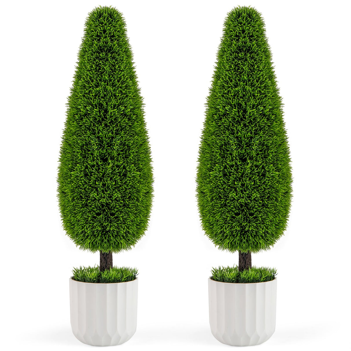 Paquete de 2 arbustos artificiales de cedro en forma de lágrima de 0,91 m con maceta de plástico – Verde