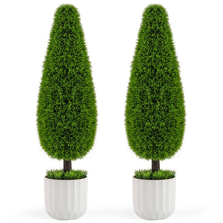 Paquete de 2 arbustos artificiales de cedro en forma de lágrima de 0,91 m con maceta de plástico – Verde