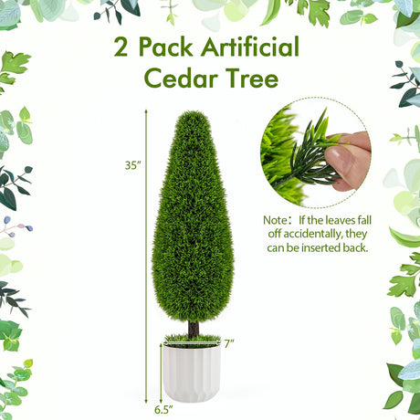 Paquete de 2 arbustos artificiales de cedro en forma de lágrima de 0,91 m con maceta de plástico – Verde