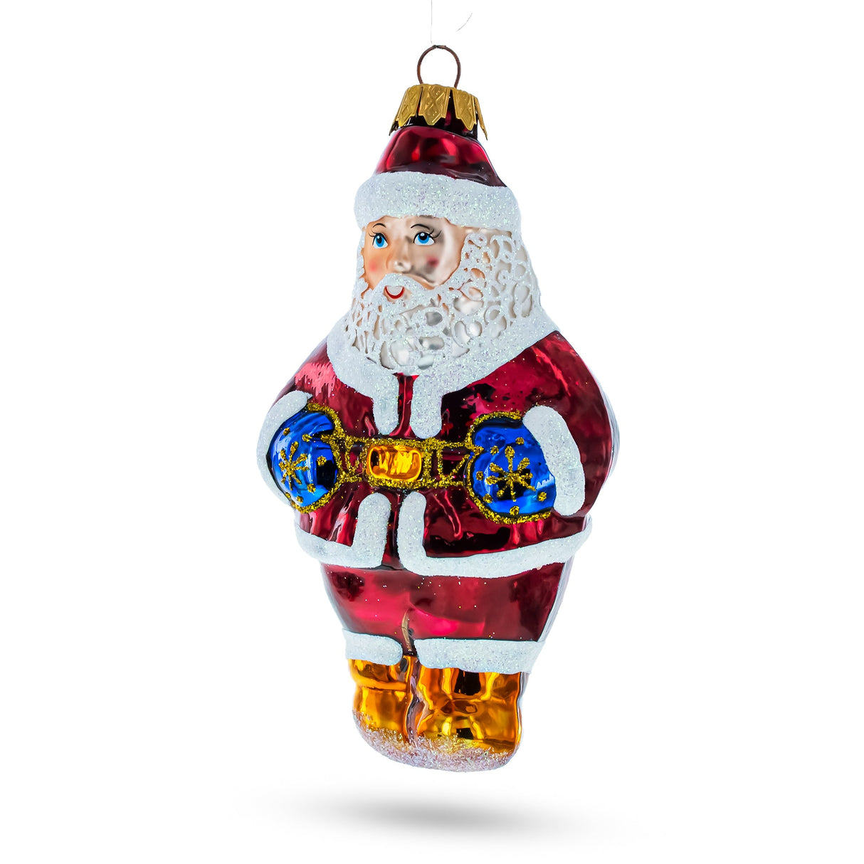 Santa with Blue Mittens Glass Christmas Ornament