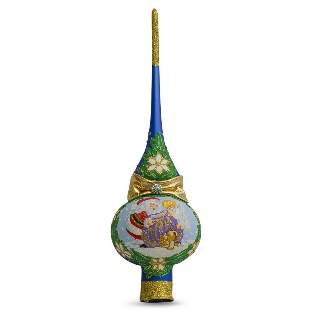 Santa with an Angel on Blue Glass Christmas Tree Topper 11 Inches